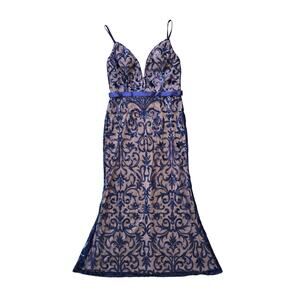 NWT Avery Austin Beaded Sequin Long Sheath Bridesmaid Formal Dress Navy/Nude 16